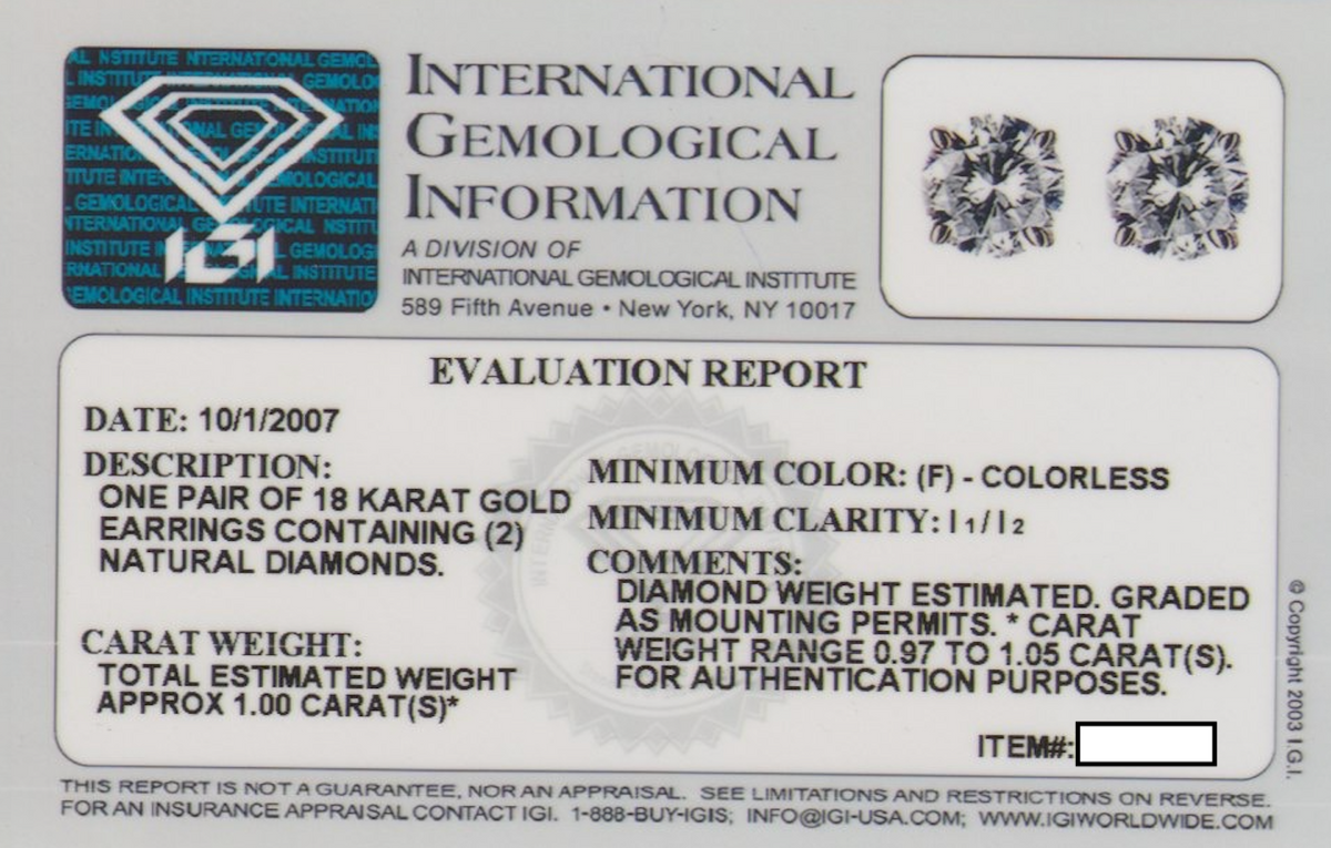 IGI Certified One-Carat Diamond White Gold Stud Earrings