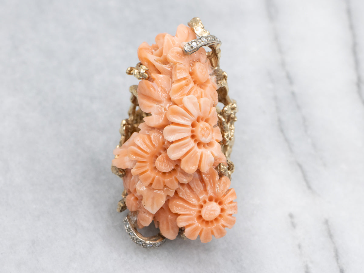Vintage Carved Coral Floral Statement Ring