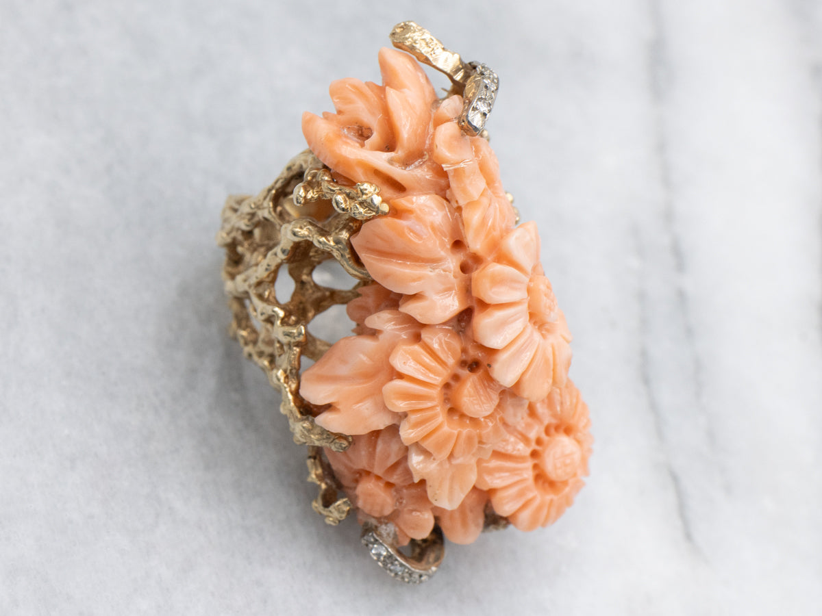 Vintage Carved Coral Floral Statement Ring