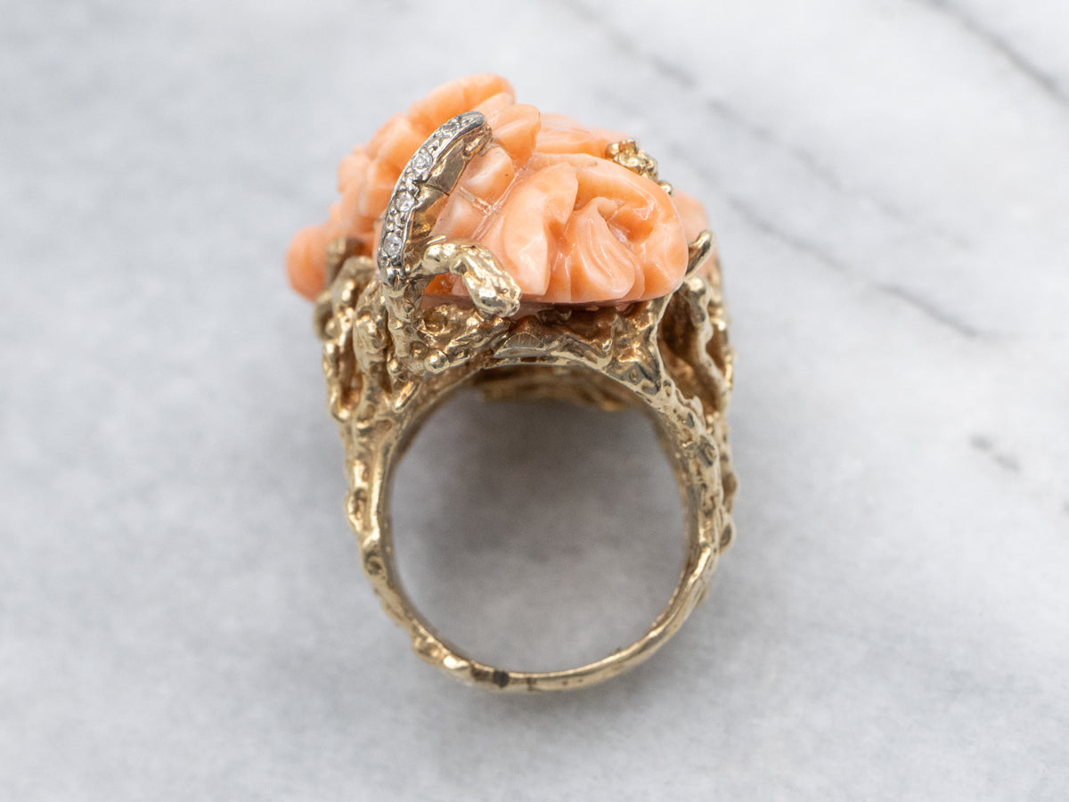 Vintage Carved Coral Floral Statement Ring