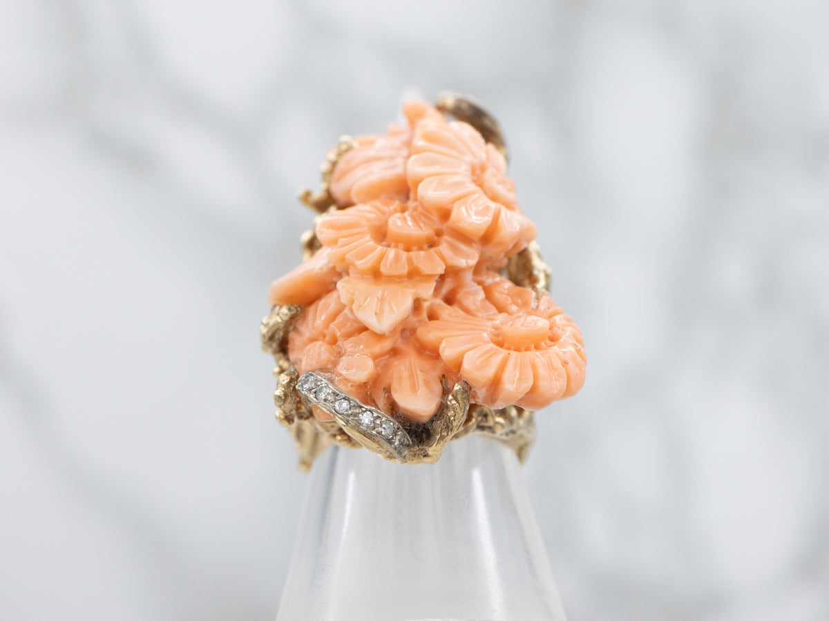 Vintage Carved Coral Floral Statement Ring