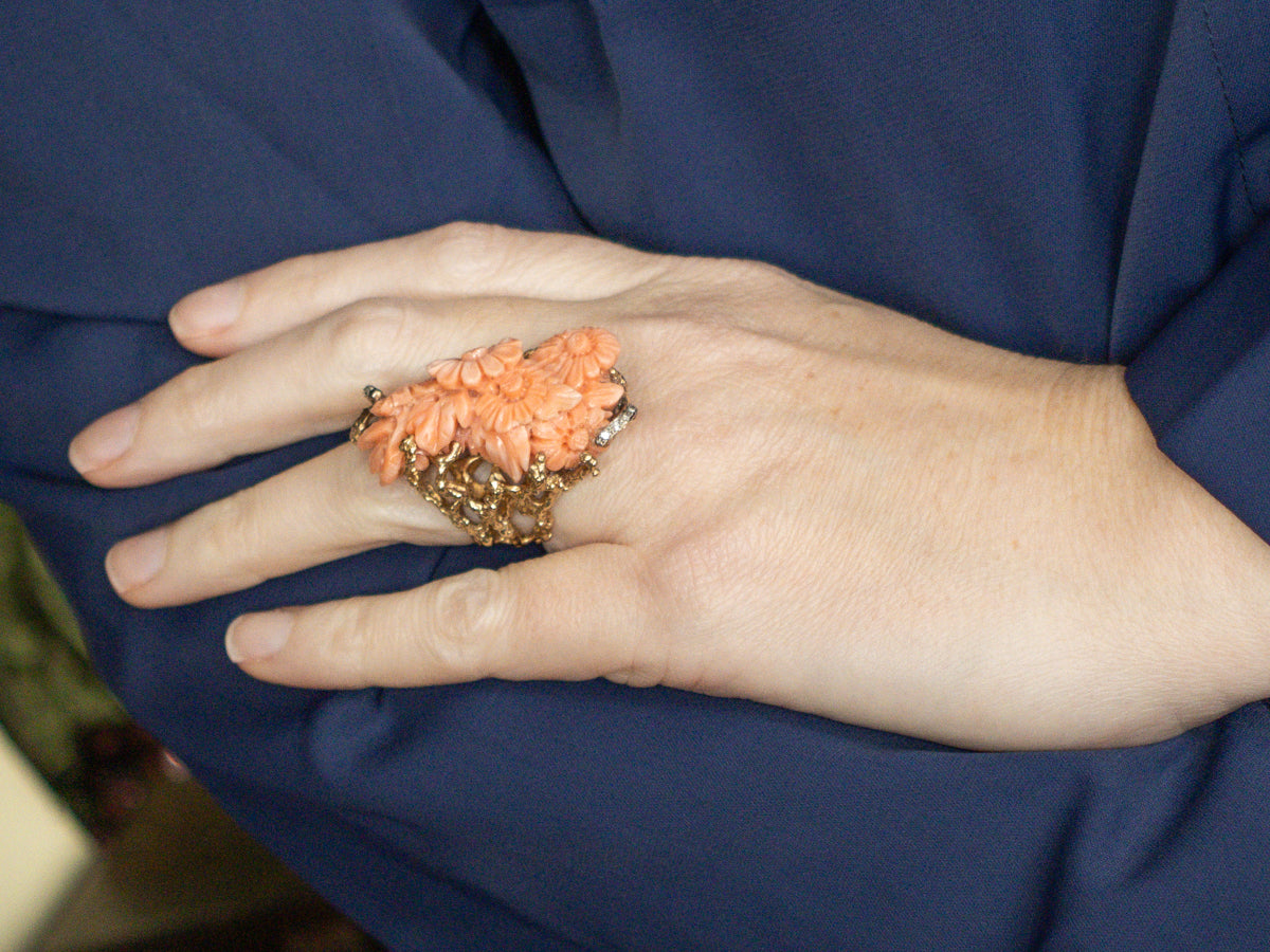 Vintage Carved Coral Floral Statement Ring