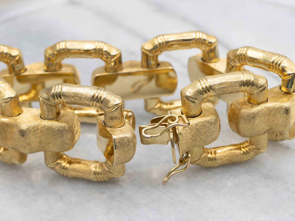 Mid-Century Brushed Bamboo Link Bracelet in 18K Yellow Gold