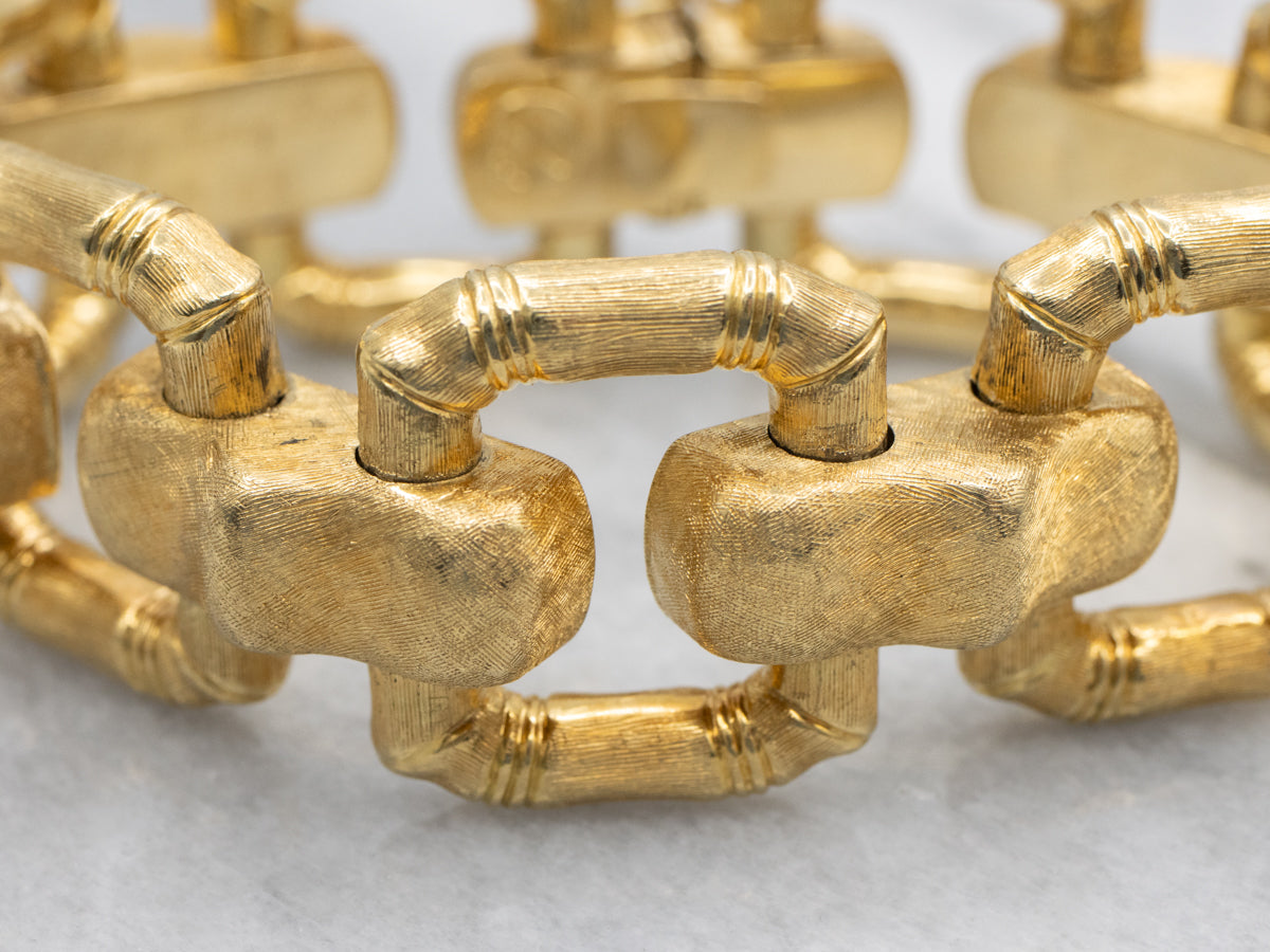 Mid-Century Brushed Bamboo Link Bracelet in 18K Yellow Gold
