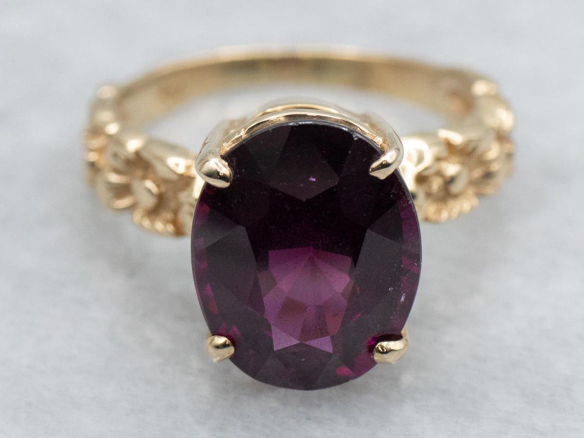 Oval Cut Grape Garnet in Vintage Gold Floral Solitaire Ring Setting