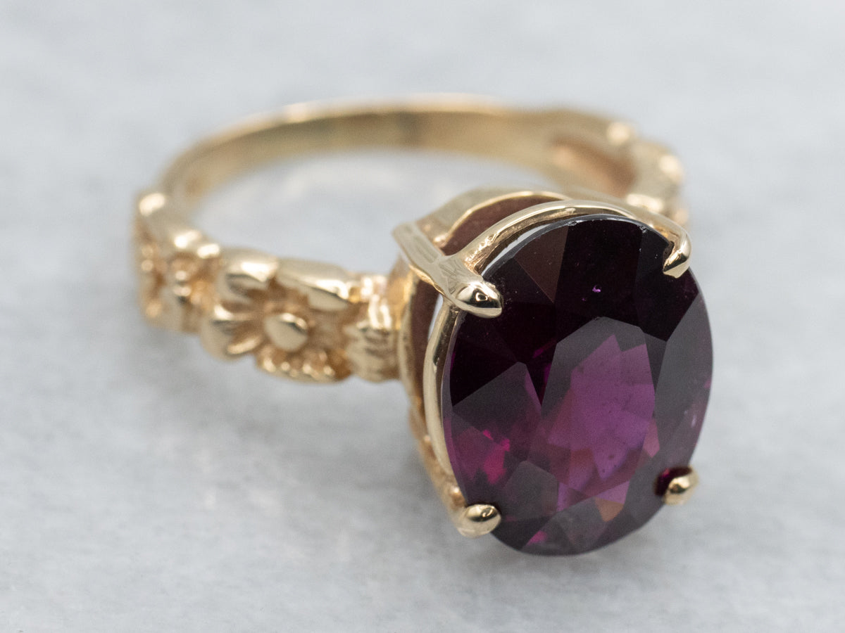 Oval Cut Grape Garnet in Vintage Gold Floral Solitaire Ring Setting