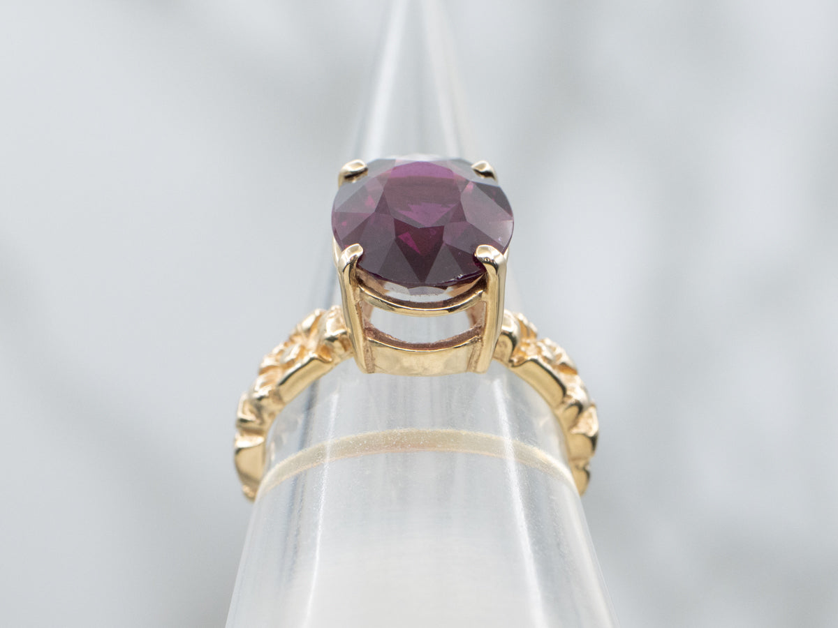 Oval Cut Grape Garnet in Vintage Gold Floral Solitaire Ring Setting