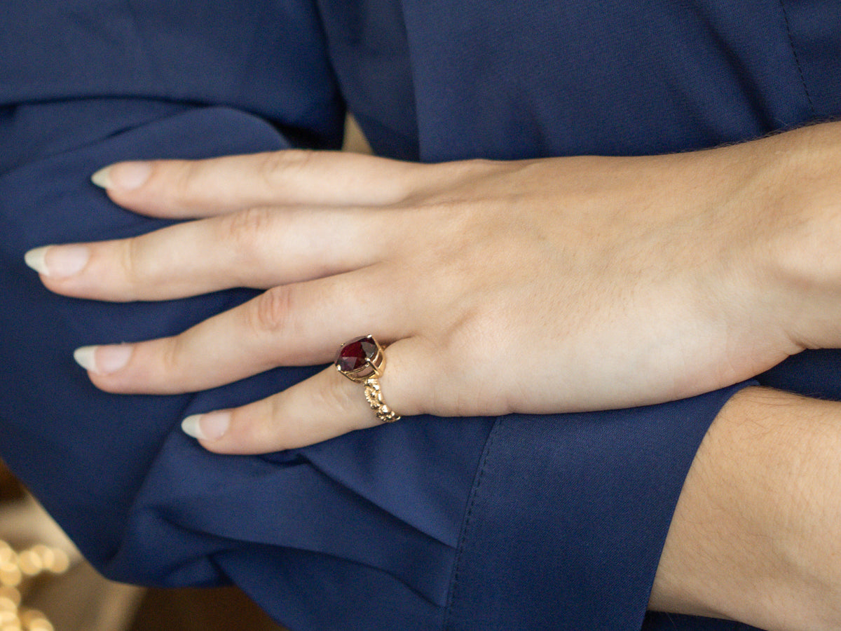 Oval Cut Grape Garnet in Vintage Gold Floral Solitaire Ring Setting