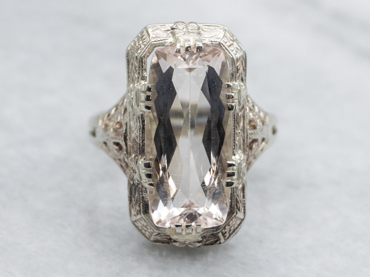 Blush-Pink Morganite Die Struck Art Deco Filigree Ring