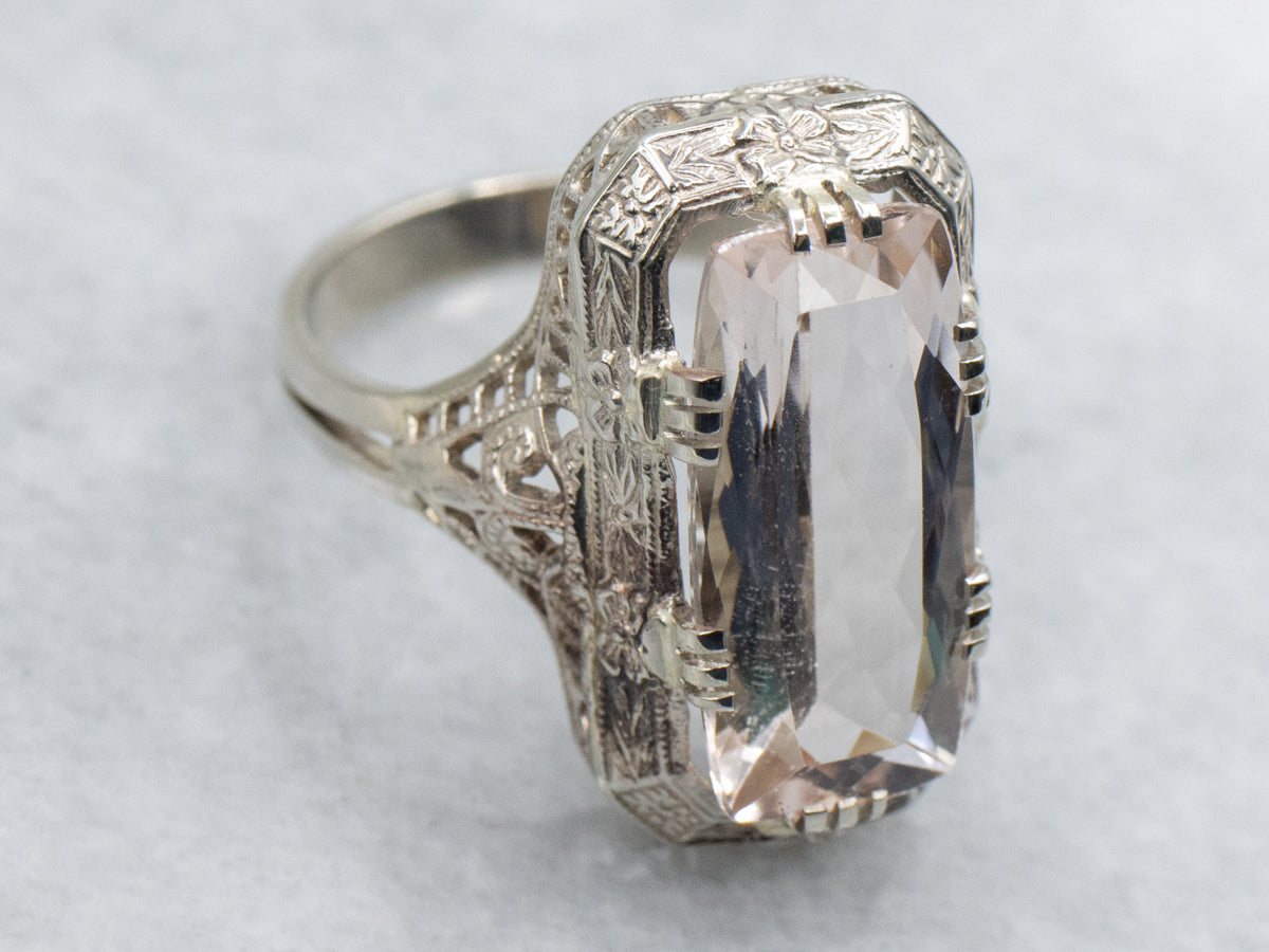 Blush-Pink Morganite Die Struck Art Deco Filigree Ring