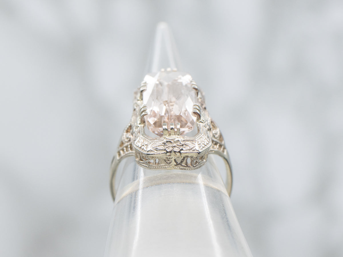 Blush-Pink Morganite Die Struck Art Deco Filigree Ring