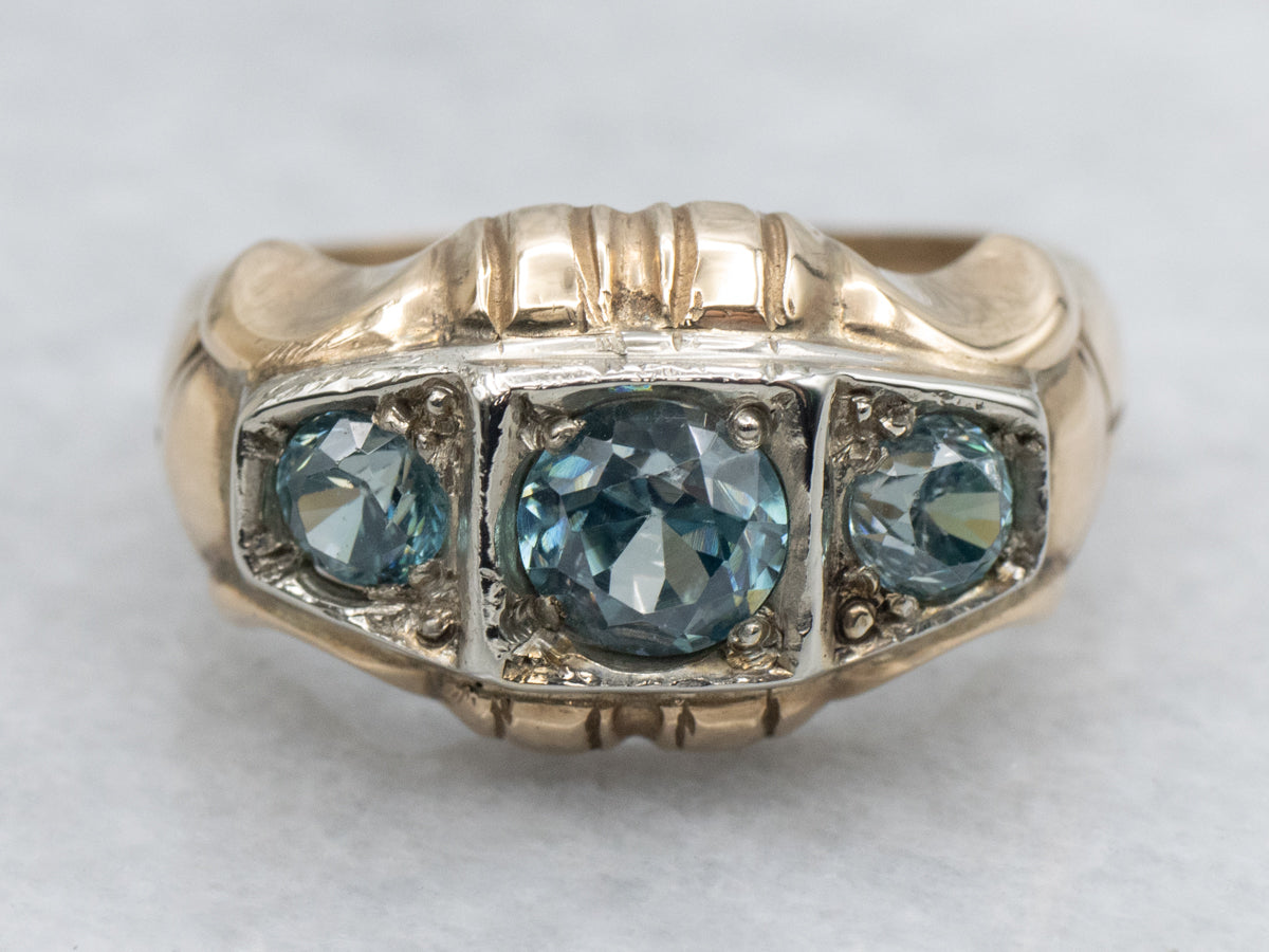 Retro Era Blue Zircon Three Stone Ring