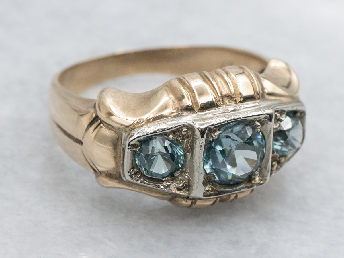 Retro Era Blue Zircon Three Stone Ring