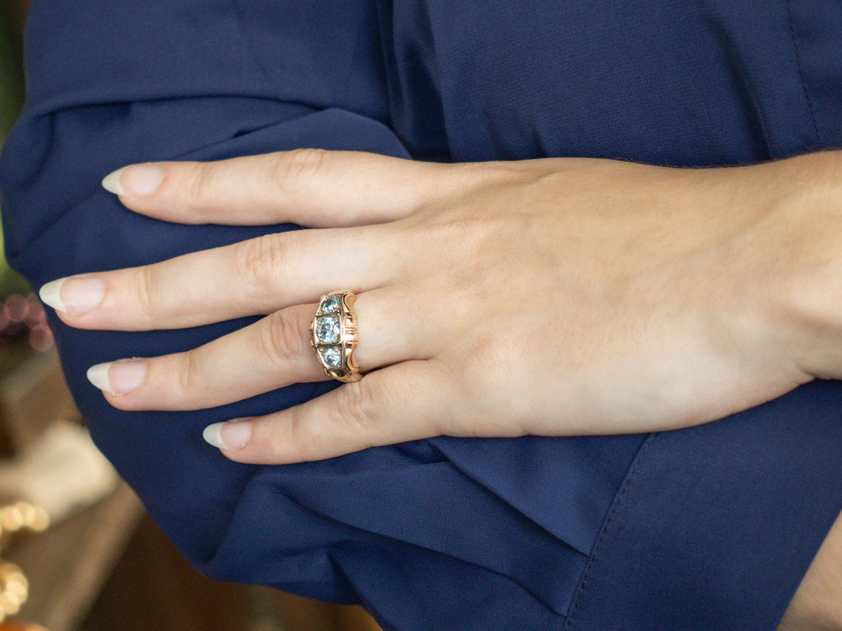 Retro Era Blue Zircon Three Stone Ring