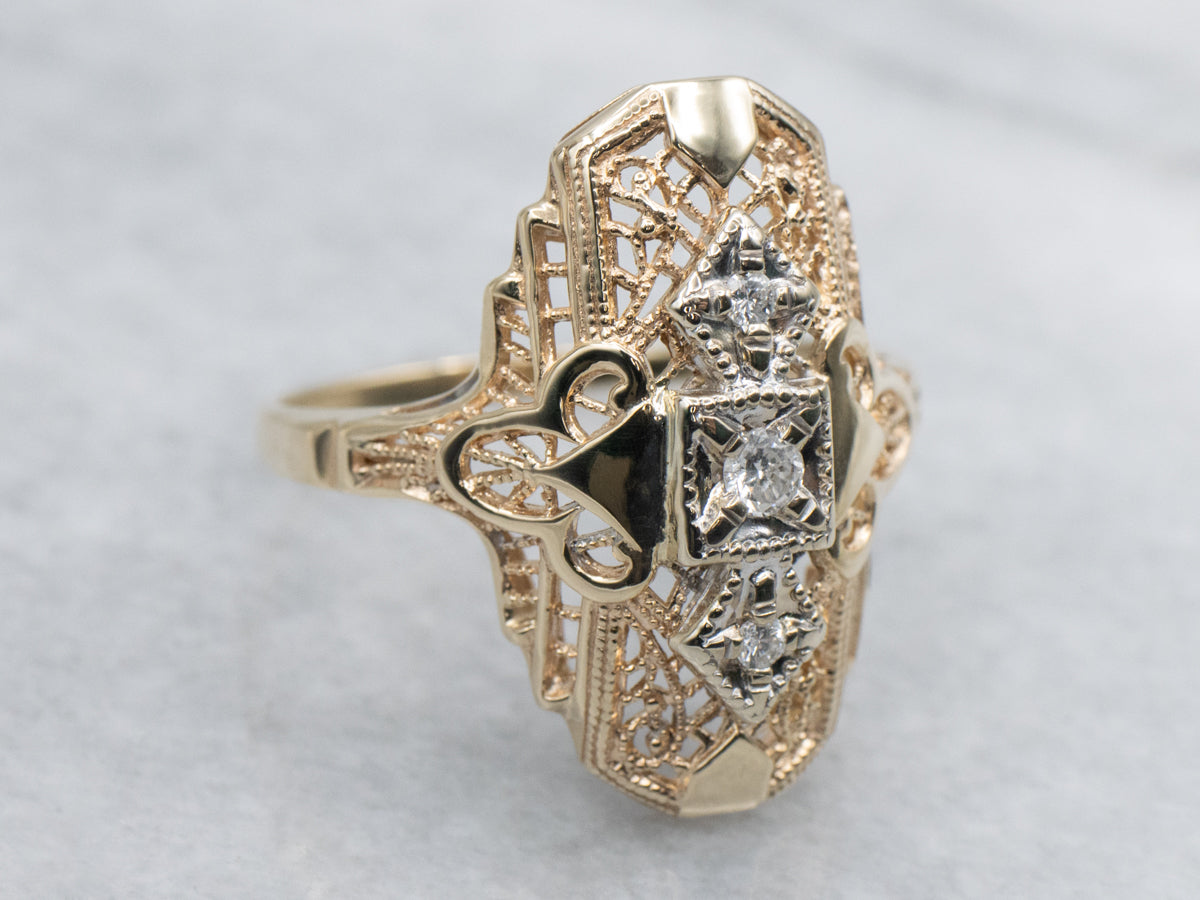 Late Art Deco Diamond Filigree Dinner Ring