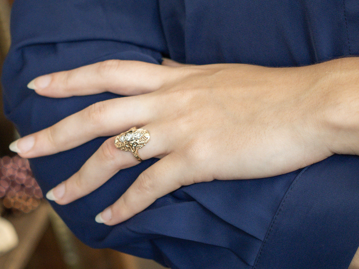 Late Art Deco Diamond Filigree Dinner Ring