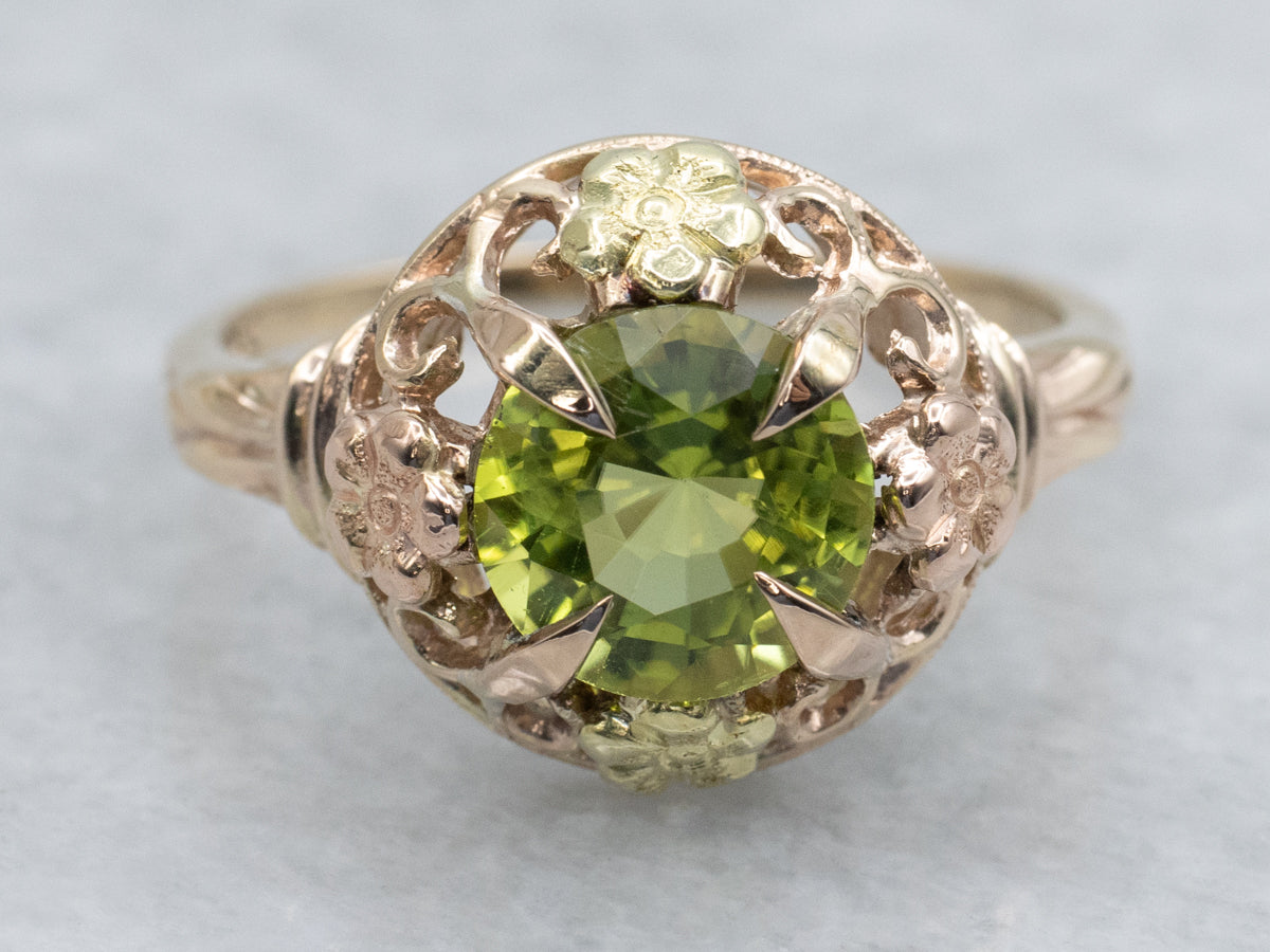 Floral Tri-Color Gold Peridot Filigree Ring