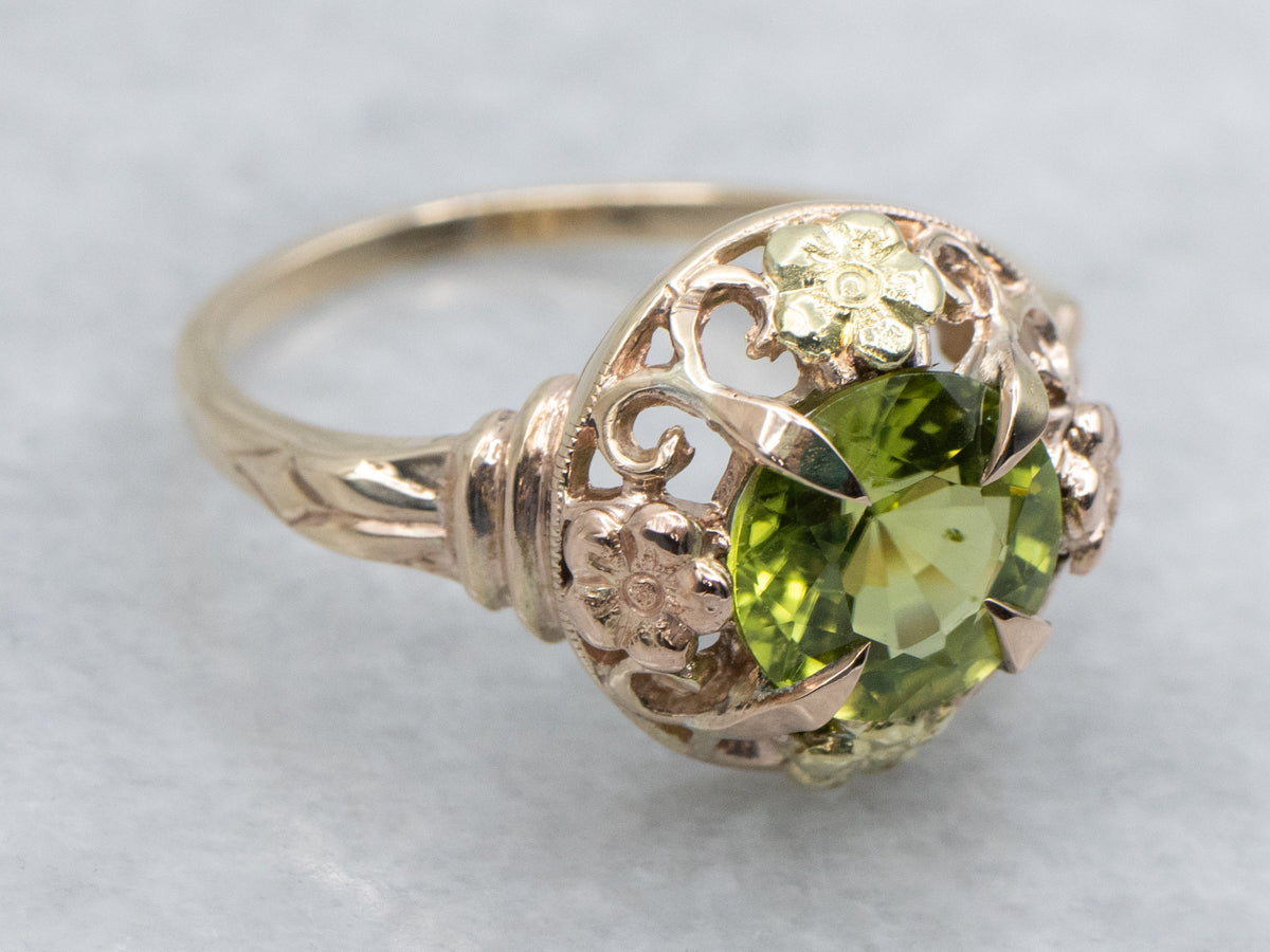 Floral Tri-Color Gold Peridot Filigree Ring