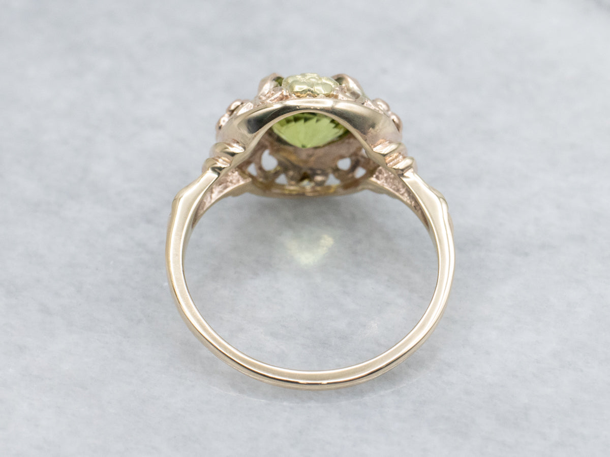 Floral Tri-Color Gold Peridot Filigree Ring