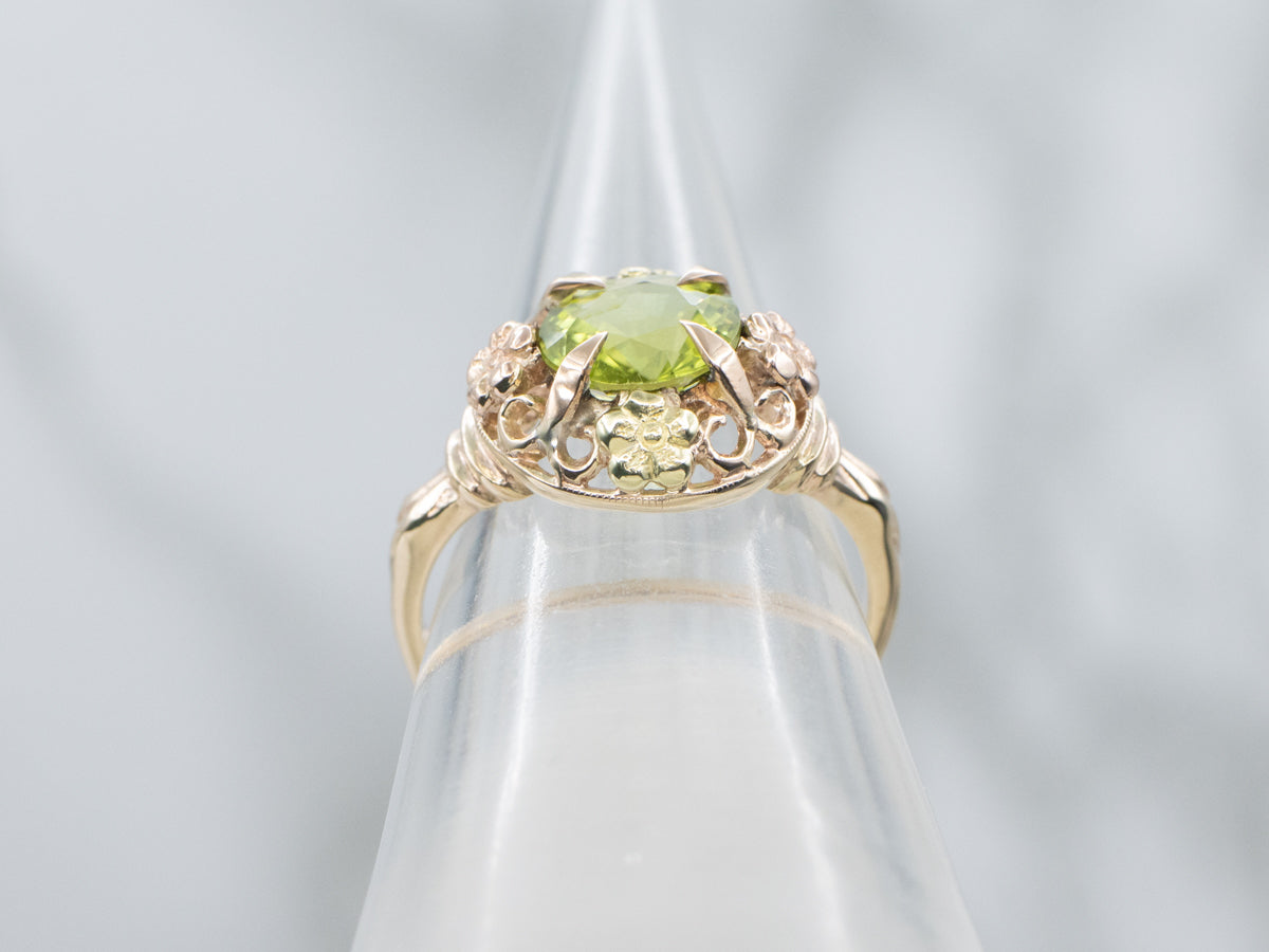 Floral Tri-Color Gold Peridot Filigree Ring