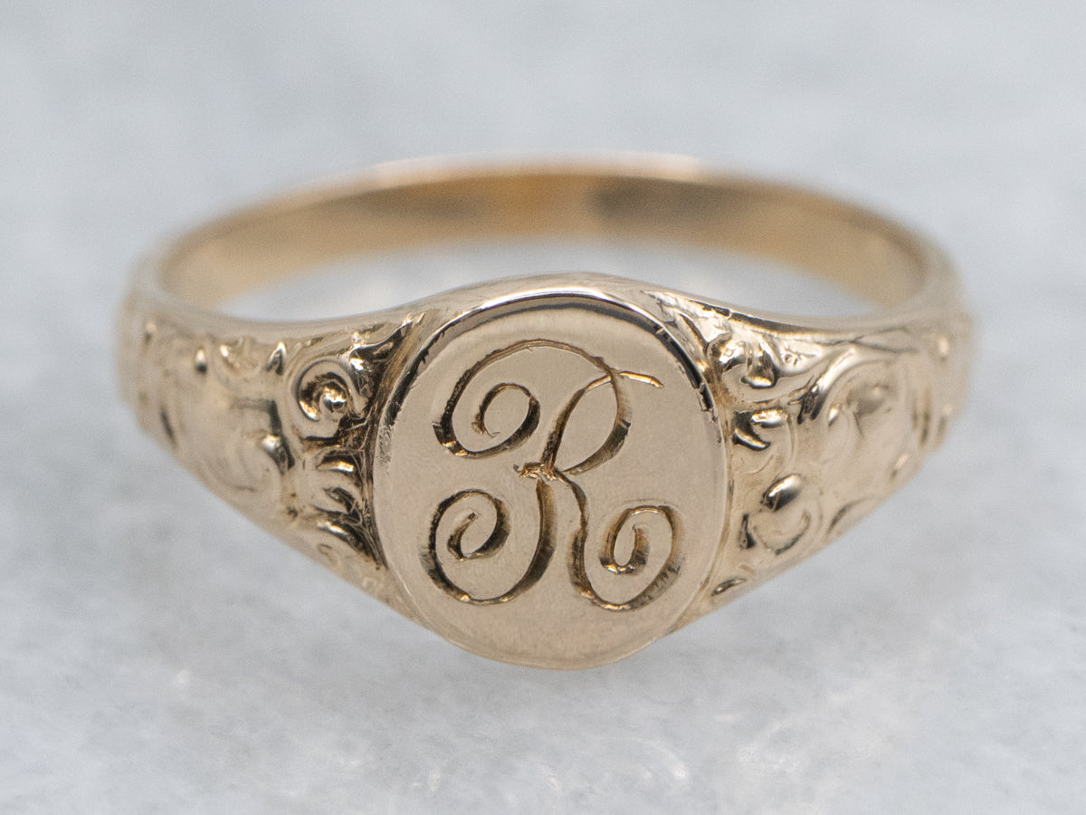 Yellow Gold Mini "R" Initial Signet Ring