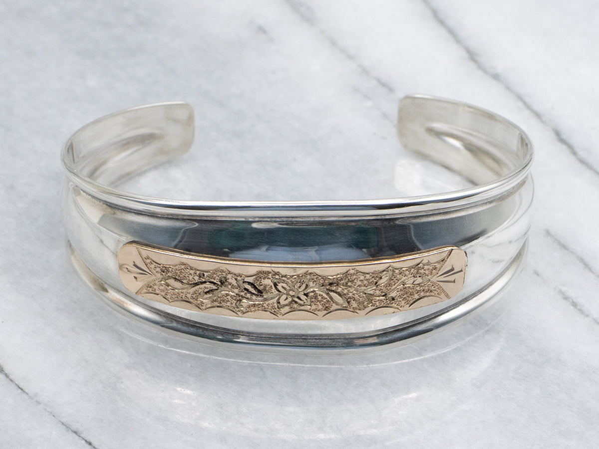 Upcycled Eras, Floral Motif Mix Metal Cuff Bracelet