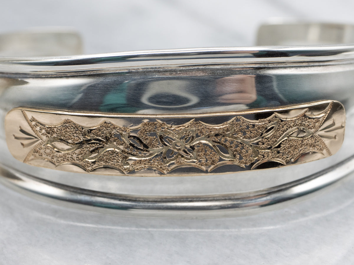 Upcycled Eras, Floral Motif Mix Metal Cuff Bracelet
