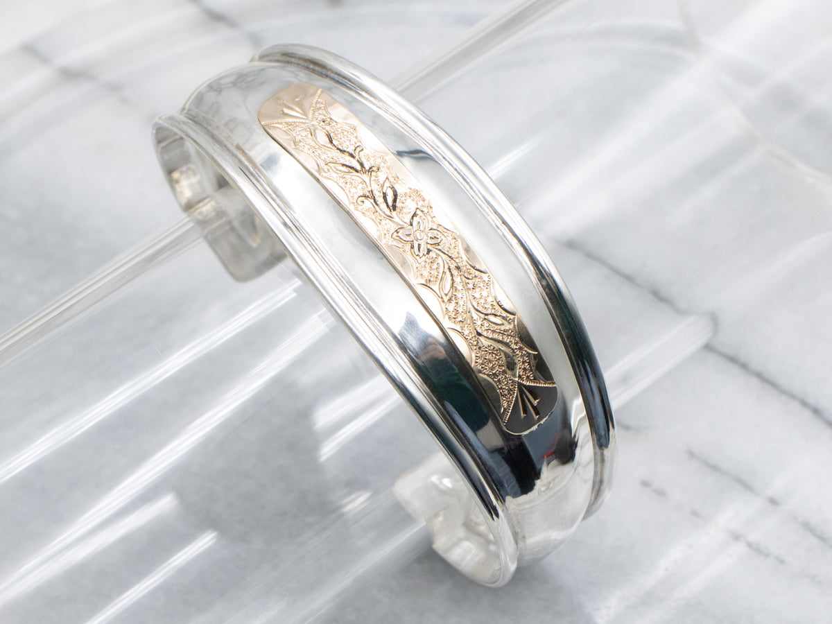 Upcycled Eras, Floral Motif Mix Metal Cuff Bracelet