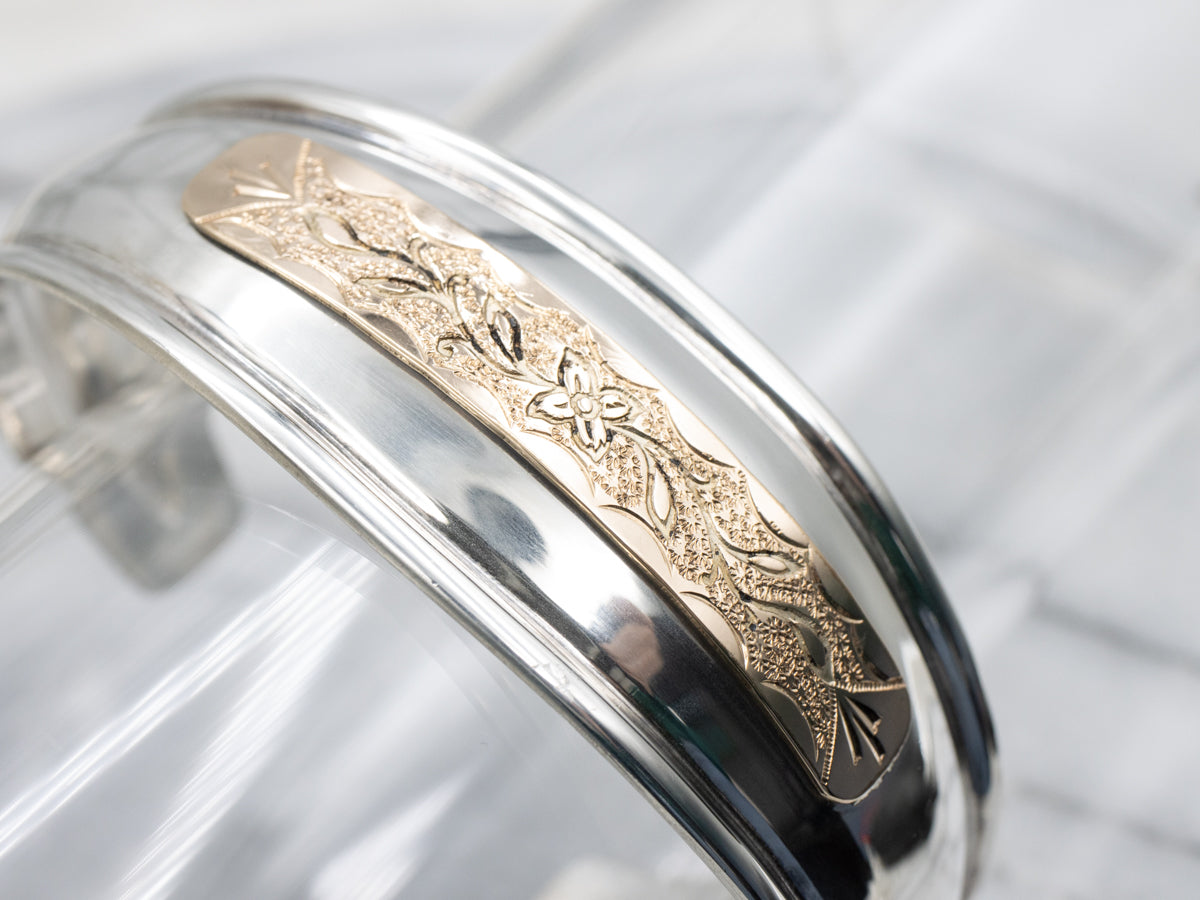 Upcycled Eras, Floral Motif Mix Metal Cuff Bracelet