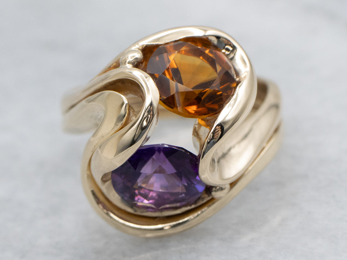 Modernist Scrolling Gold Amethyst and Citrine Bypass Ring
