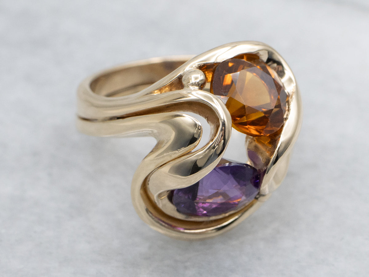 Modernist Scrolling Gold Amethyst and Citrine Bypass Ring