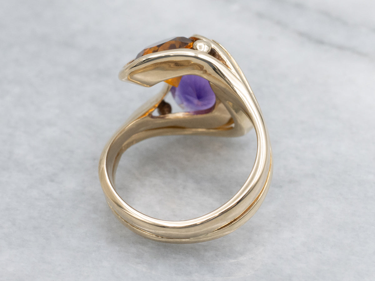 Modernist Scrolling Gold Amethyst and Citrine Bypass Ring