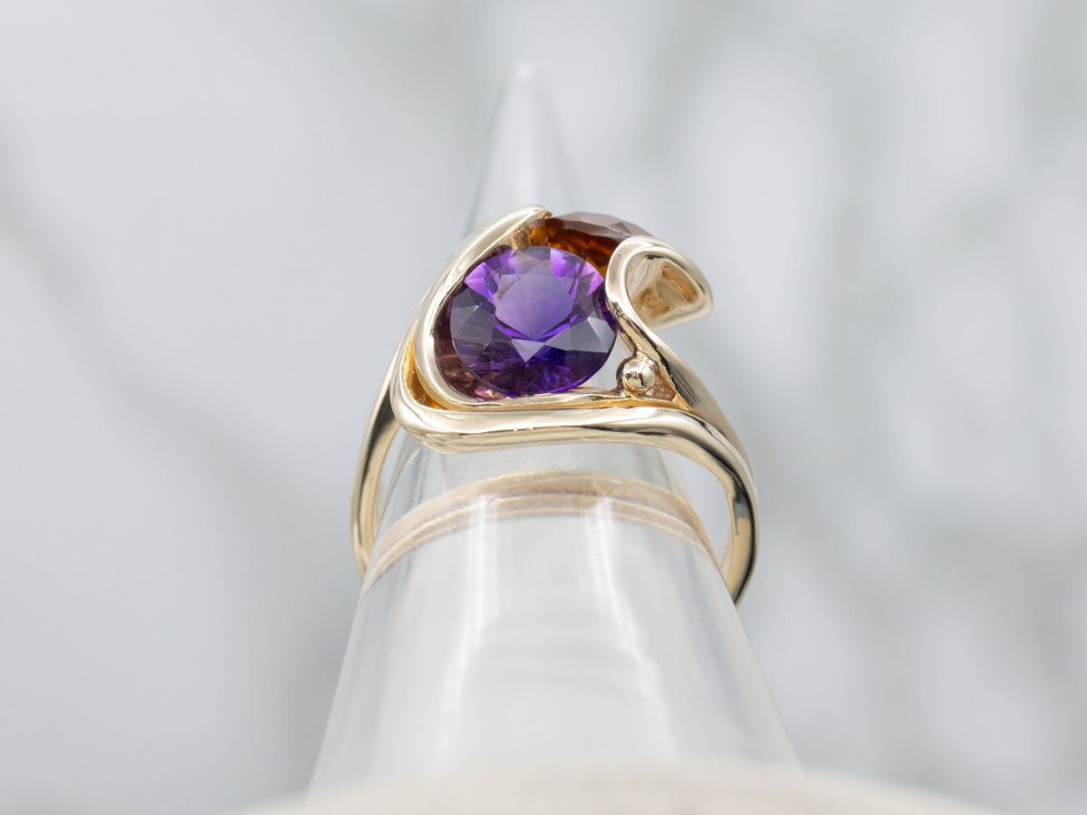 Modernist Scrolling Gold Amethyst and Citrine Bypass Ring