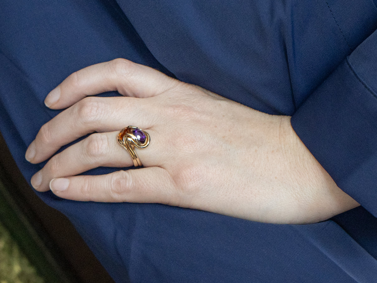 Modernist Scrolling Gold Amethyst and Citrine Bypass Ring