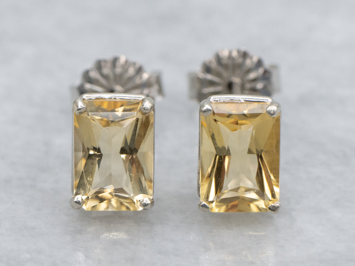 Emerald-Cut Citrine Gemstone Stud Earrings