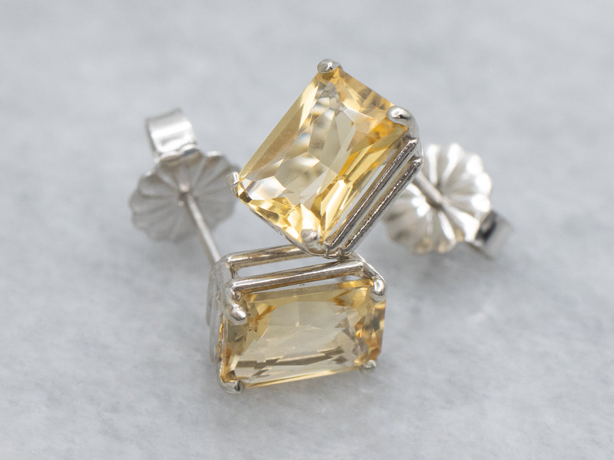 Emerald-Cut Citrine Gemstone Stud Earrings