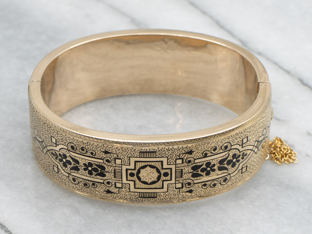 14K Yellow Gold Victorian Black Enamel Floral Bangle Bracelet