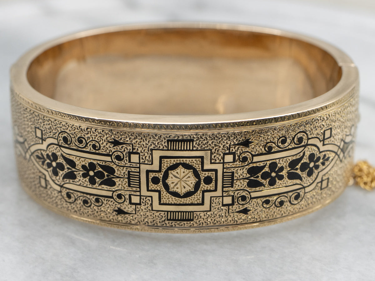 14K Yellow Gold Victorian Black Enamel Floral Bangle Bracelet