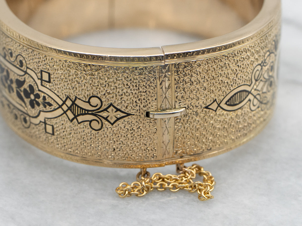 14K Yellow Gold Victorian Black Enamel Floral Bangle Bracelet