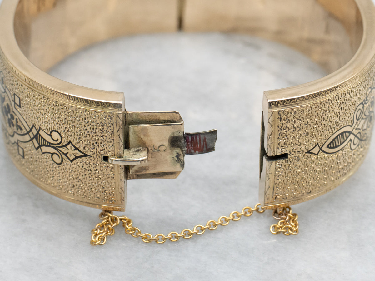 14K Yellow Gold Victorian Black Enamel Floral Bangle Bracelet