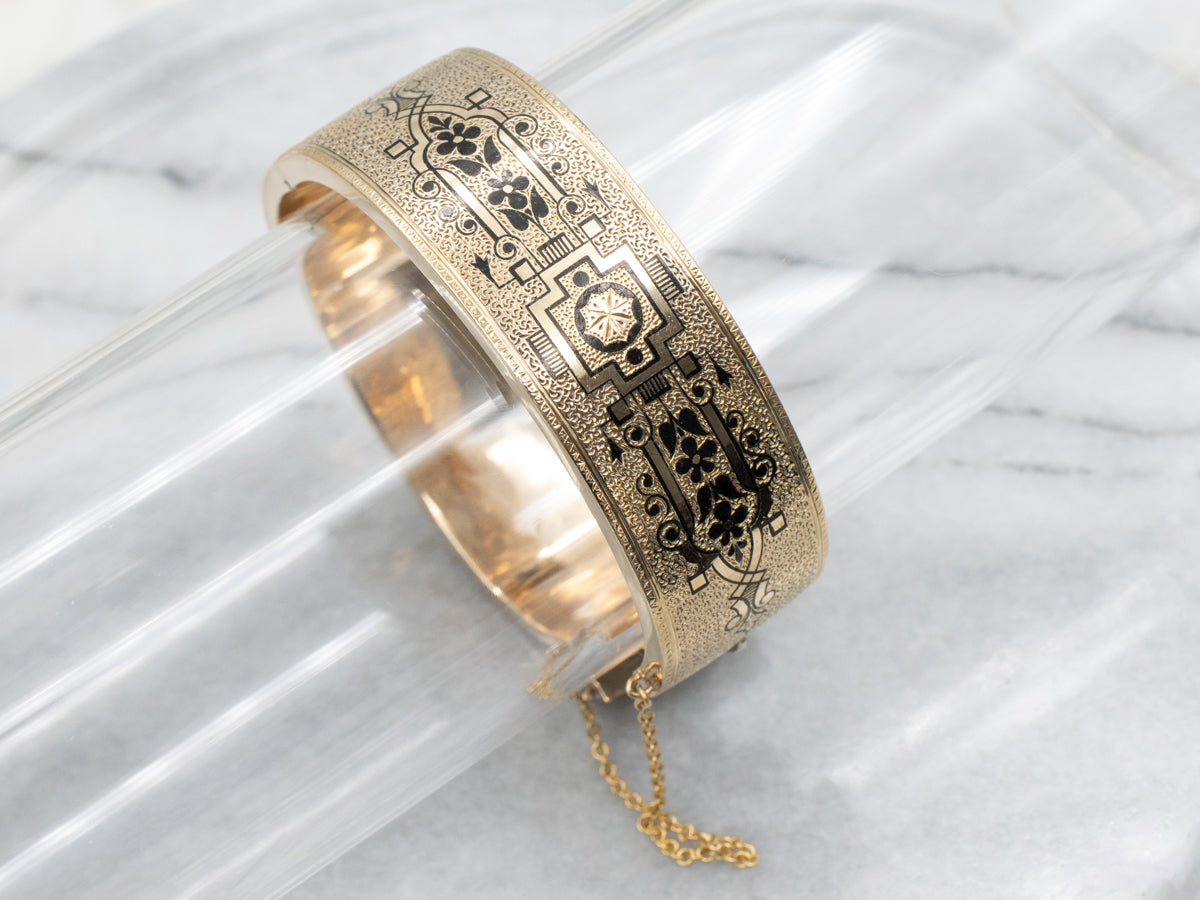 14K Yellow Gold Victorian Black Enamel Floral Bangle Bracelet
