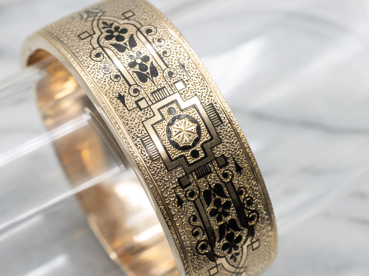 14K Yellow Gold Victorian Black Enamel Floral Bangle Bracelet