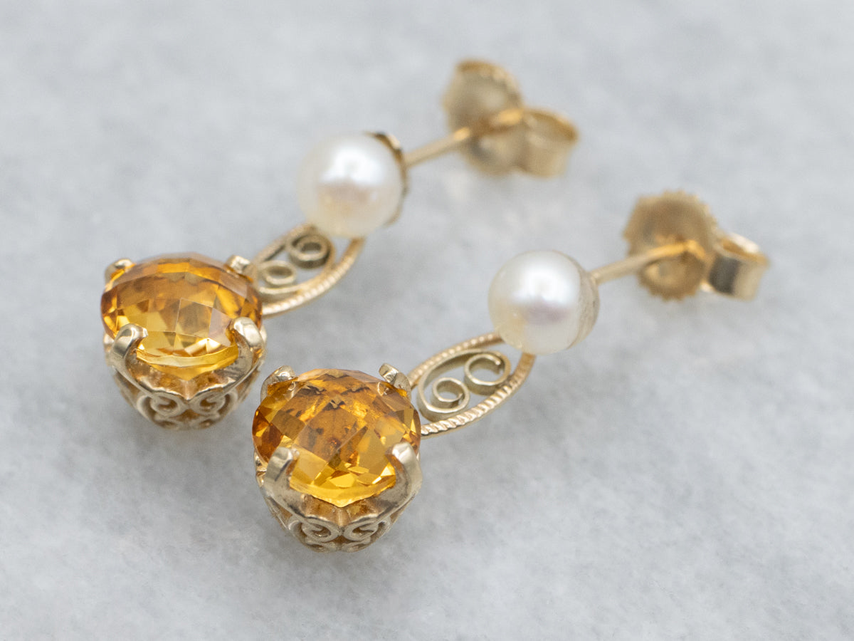 Yellow Gold Vintage Pearl and Citrine Filigree Drop Earrings