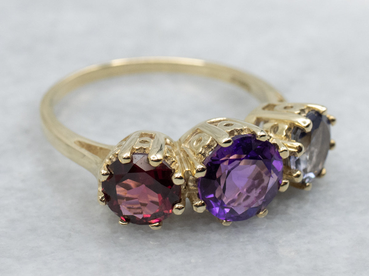 Round-Cut Iolite Amethyst and Garnet Gold Ring