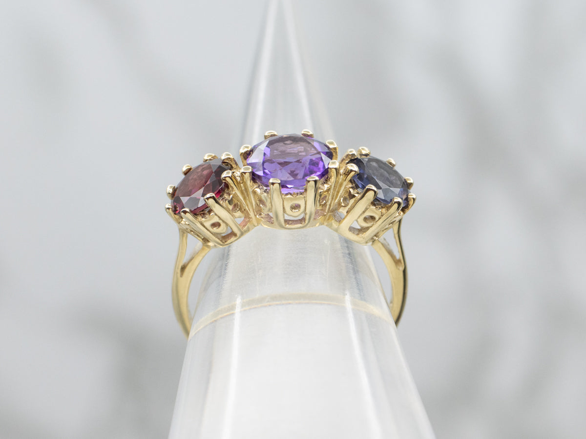 Round-Cut Iolite Amethyst and Garnet Gold Ring