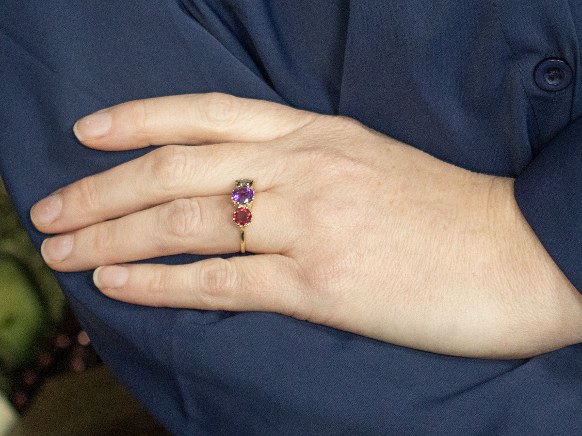 Round-Cut Iolite Amethyst and Garnet Gold Ring
