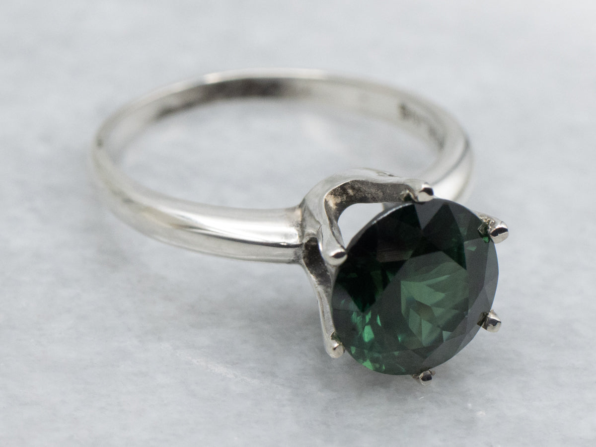 Sterling Silver Six Prong Set Round Cut Natural Green Sapphire Solitaire Ring