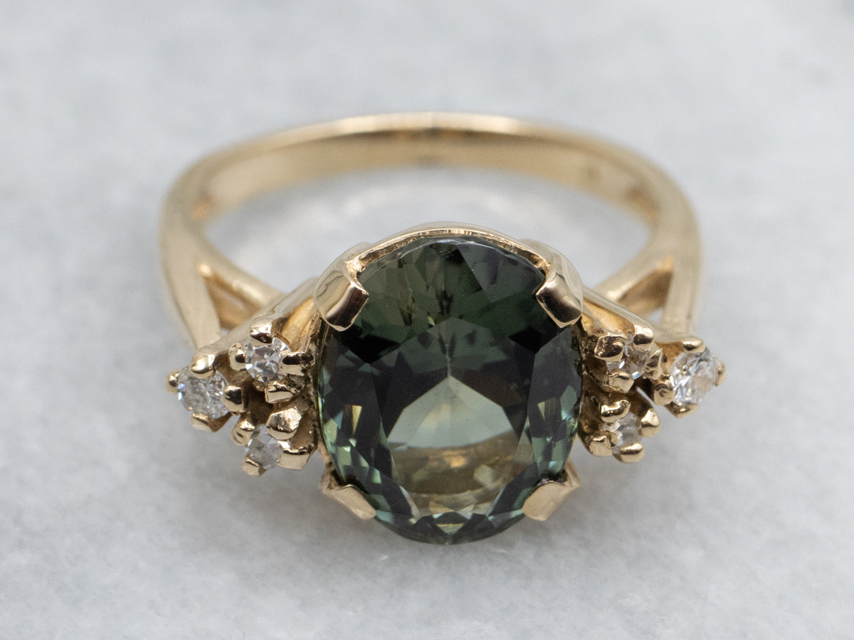Earthy Green Tourmaline and Diamond Ring in Yellow Gold