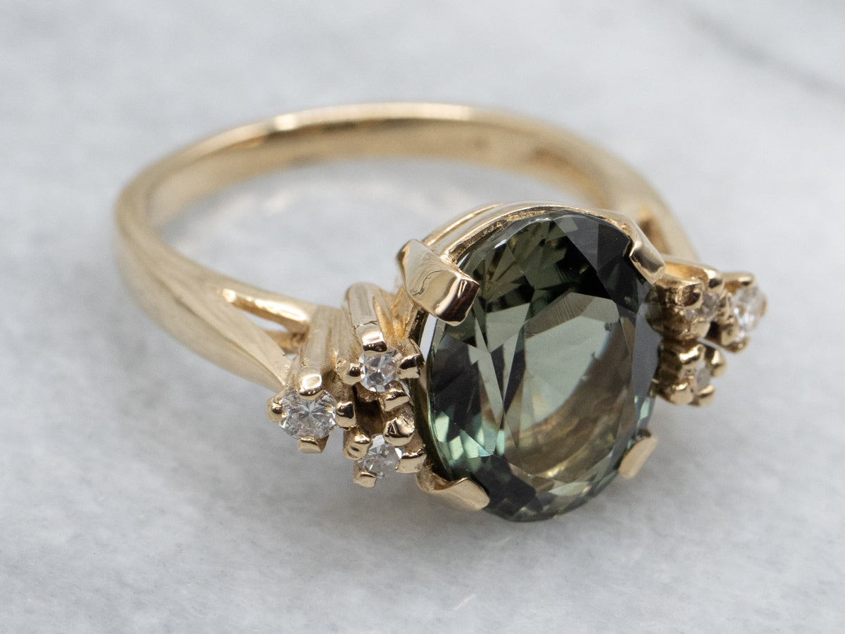 Earthy Green Tourmaline and Diamond Ring in Yellow Gold