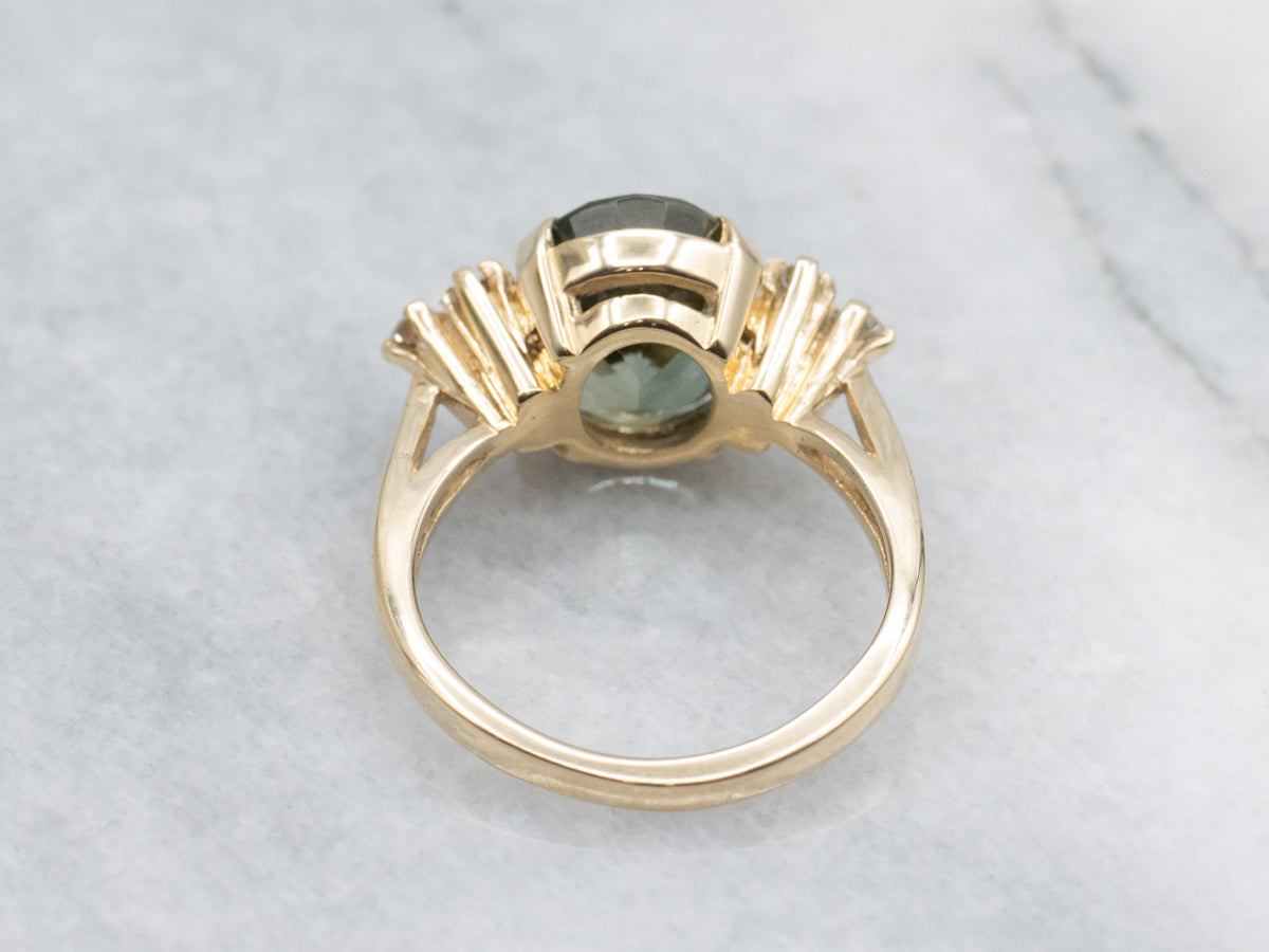 Earthy Green Tourmaline and Diamond Ring in Yellow Gold